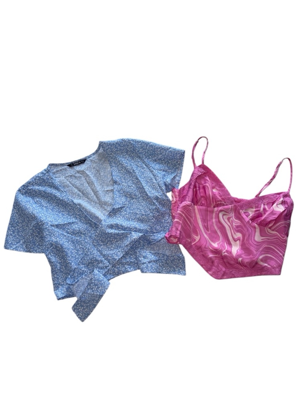 SHEIN Blue Floral Tie-Front Top & Wild Fable Pink Swirl Crop Cami - Sold as Set